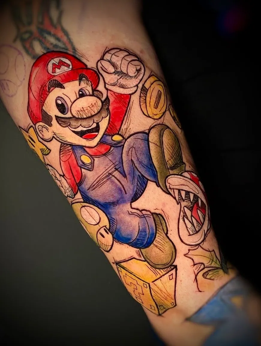 Super Mario tetovaža u boji na podlaktici | Dropz Tattoo Niš